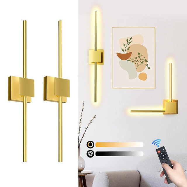 Torchlet Battery Operated Wall Sconces Set of 2 with Remote Control,DIY Independent Rotation Picture Lights,3000K-6000K Dimmable LED Rechargeable Wall Lights for Living Room Bedroom, 28.3'' Gold