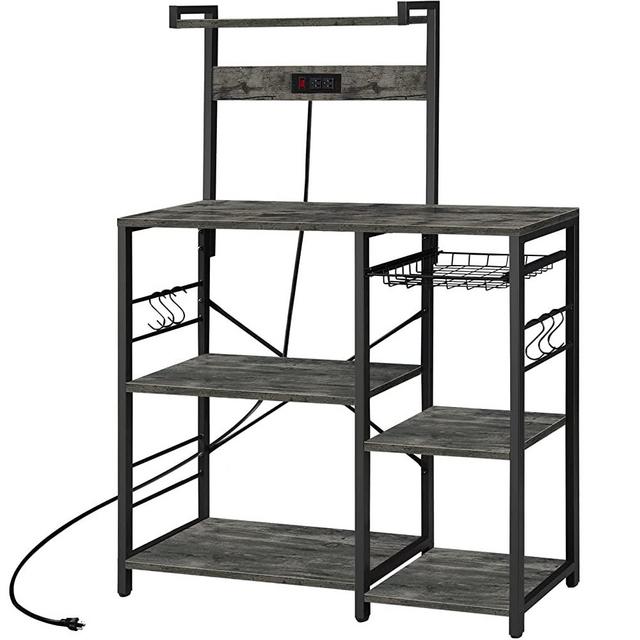 SUPERJARE Bakers Rack with Power Outlet, Microwave Stand, Coffee Bar with Wire Basket, Kitchen Storage Rack with 6 S-Hooks, Kitchen Shelves for Spices, Pots and Pans - Charcoal Gray