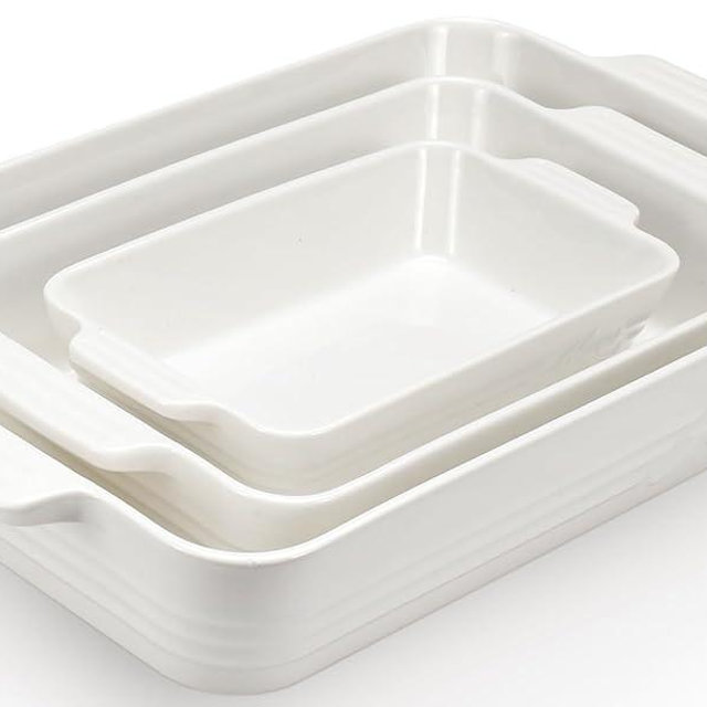 Ceramic Baking Dish Set, 3-Piece Casserole Dishes for Oven, Rectangular Baking Pans, Deep Lasagna Pans with Handles, Multi-Size Set for Cooking, Baking, Serving, and Gifting, White (16.1''/12.2''/9'')