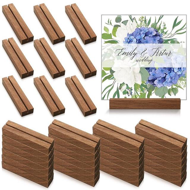 Wood Place Card Holders Rustic Wooden Table Number Holder Stands Acrylic Sign Holders Name Card Holder for Wedding Events Birthday Party Home Decoration, 4.5 x 1.1 x 0.6 Inch (24 Pcs)