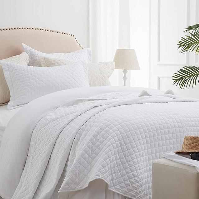 SunStyle Home Quilt Sets Queen White Lightweight Bedspread Soft Reversible Coverlet for All Season 3pcs Diamond Quilted Bedding Sets (1 Quilt 2 Pillow Shams)(90"x96")