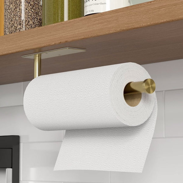 Gold Paper Towel Holder Under Cabinet, Adhesive Paper Towel Roll Holder Stick on Wall, Stainless Steel Towel Paper Holder for Bathroom Kitchen