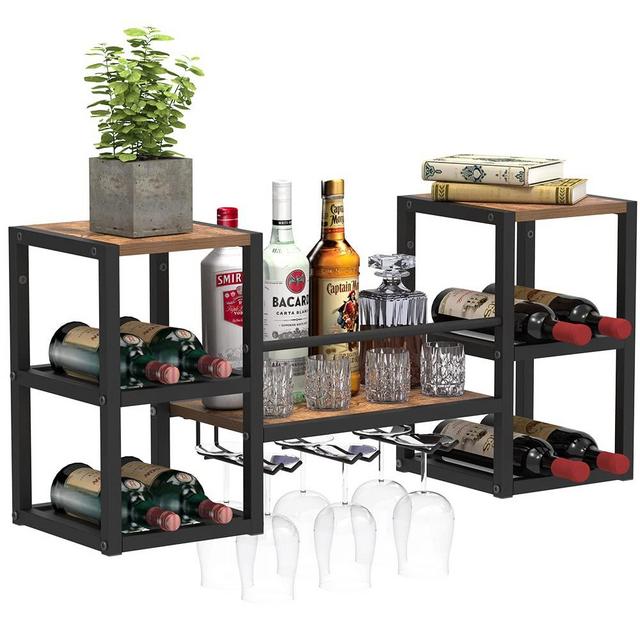 GiftGo Industrial Greige Wall Mounted Wine Rack with 3 Steam Glass Holder Partial Wood Shelf Black Metal Bottle Holder Multi Functional Wine Storage Display Rack for Home Bar Dining Room Kitchen
