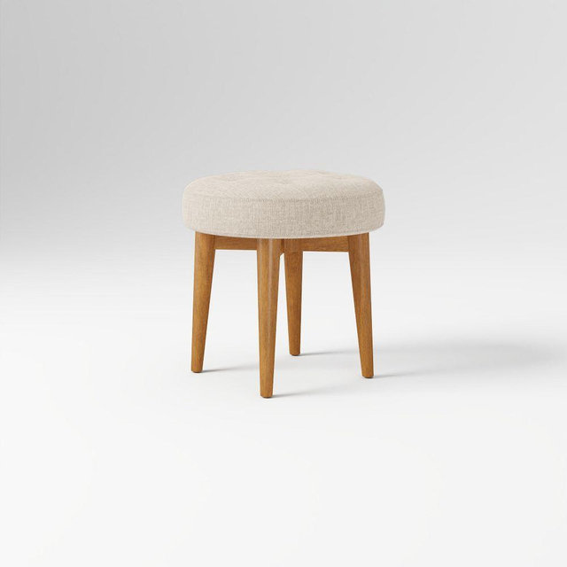 Midcentury Upholstered Stool, Poly, Performance Coastal Linen, Sand, Acorn