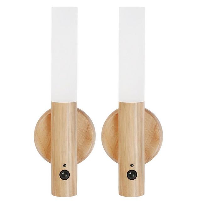 LANDGOO LED Automatic Motion Sensor Lights Wall Lamps Set of 2 Sconces Battery Operated Rechargeable Portable Magnetic 360° Rotation Cordless for Bedroom Bedside (White Ash Wood 2pcs)