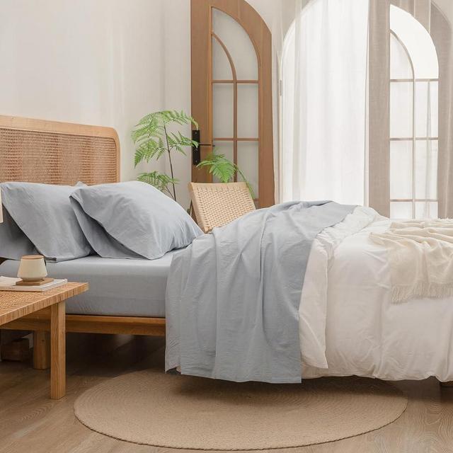 BESTOUCH Sheet Set 100% Washed Cotton Linen Feel Super Soft Comfortable Chic Lightweight 4 Pcs Home Bedding Set Solid Cornflower Blue King