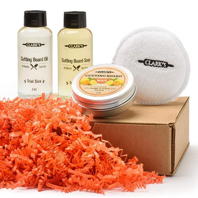 CLARK'S Cutting Board Care Gift Set - Cutting Board Soap, Oil, Wax, and Buffing Pad. Enriched with Orange & Lemon Oils. Small Sizes for a Big Impact!