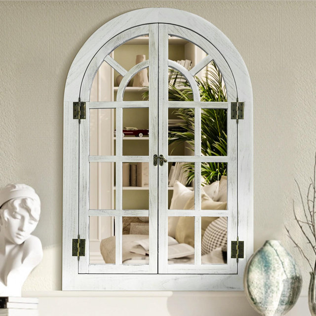 Beautyolove 24 in. W x 36 in. H Farmhouse Arched White Wood Framed Windowpane Wall Mirror