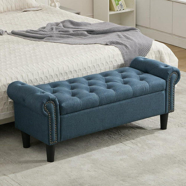 SOFTHION Storage Bench, 50" Queen End of Bed Bench, Linen Tufted Button Upholstered Bedroom Bench, Storage Ottoman with Rolled Arms, Window Bench with Storage, for Living Room, Entryway Dark Blue
