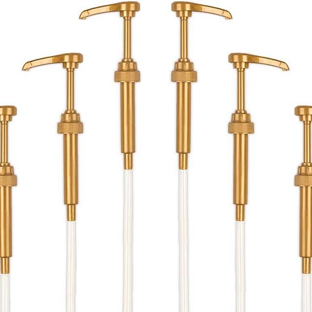 Good Times Coffee Co. Gold Coffee Syrup Pump for 750 ml Bottles (Pack of 6) Fits Upouria, Torani, DaVinci, Jordans Skinny Syrups, and Monin (1 Liter Plastic Bottle Only)