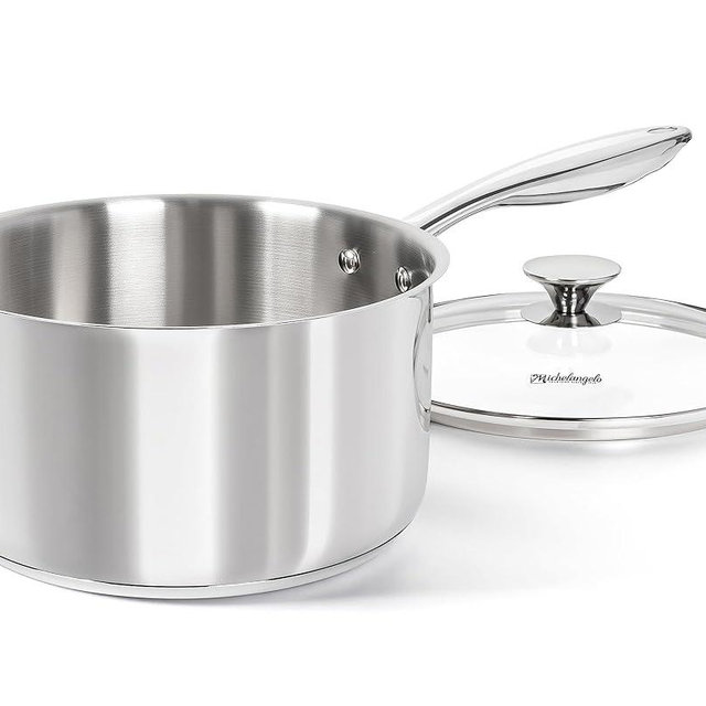 MICHELANGELO Tri-ply Stainless Steel 4 Qt Saucepan with Glass Lid, 4 Quart Pot with No Coating, Even Heating, for All Cooktops & Induction Compatible - Silver