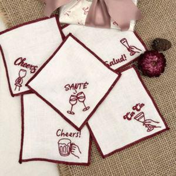 Personalized Embroidered Linen Cocktail Coasters Napkins, Red-6pcs, Mix & Match Mix & Match: 2 SANTE (fixed design) 2 Cin Cin (fixed design) 2 Salud! (fixed design)