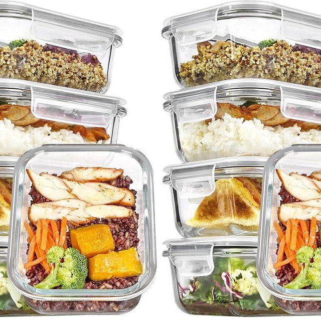 Vtopmart 5Pack 22oz Glass Storage Containers with Lids, Glass Meal Prep Food Container Sets with Snap Airtight Lids for Microwave, Oven, Freezer and Dishwasher, Grey (Pack of 2)