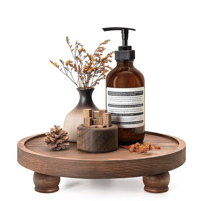 EOSAHR Rustic Pine Wood Riser for Kitchen Counter - Farmhouse Round Pedestal Stand Apply to Home Essentials - Bathroom Tray for Bathroom Decor (Vintage Brown)