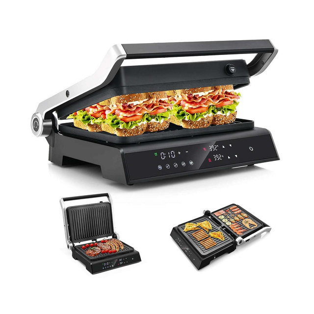 Electric Panini Press Grill Sandwich Maker with LED Display & Removable Drip Tray
