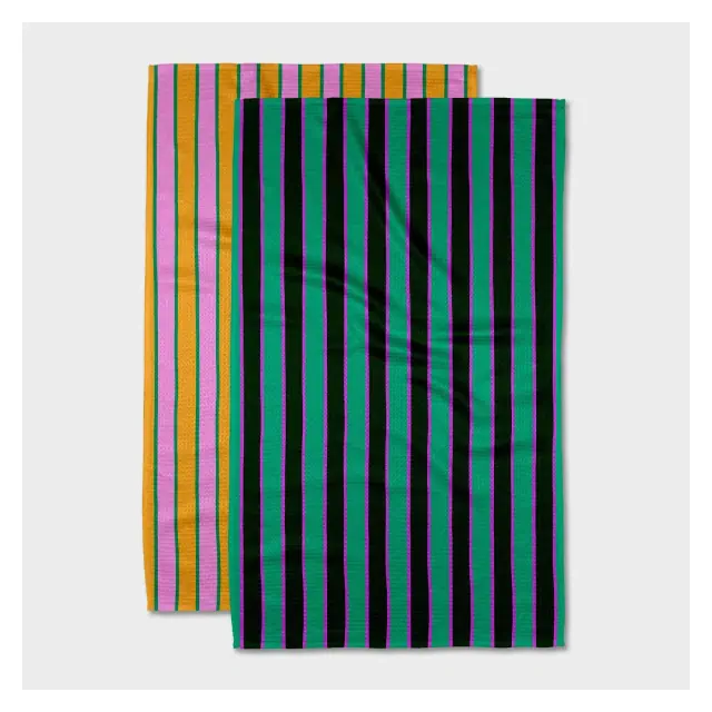 Geometry Tea Towel Set Noir: Modern Quick Dry Microfiber Kitchen Towels, Stripe Pattern, 2-Piece Set, Machine Washable