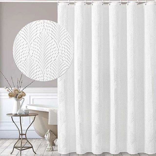 Gibelle White Shower Curtain for Bathroom, 3D Embossed Textured Fabric Shower Curtain, Modern Farmhouse Chic Soft Cloth Shower Curtain Set with Hooks, 72x72