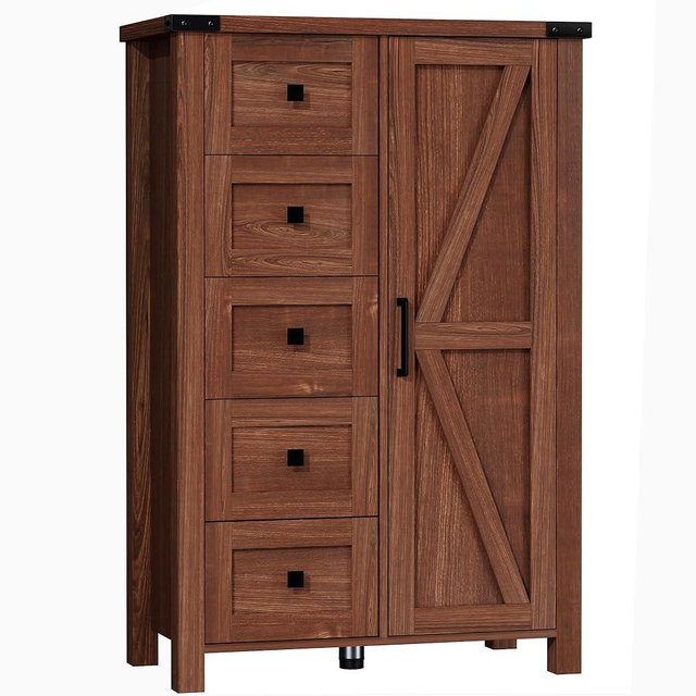VVFLU Farmhouse 48 Inch Tall Dresser Chest of Drawer for Bedroom, 5 Drawer Storage Cabinet with Barn Door, Adjustable Shelves, Rustic, for Living Room, Entryway, Hallway, Cherry Wood
