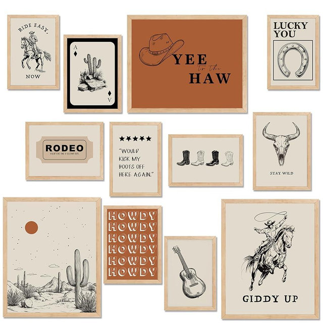 TwoDays Western Wall Decor, Retro Southwest Wall Art, Wild West Cowboy Rodeo Posters, Vintage Country Howdy Prints for Home Living Room Bedroom (Multi Sizes, 8" X 10" Largest, Set of 12, UNFRAMED)