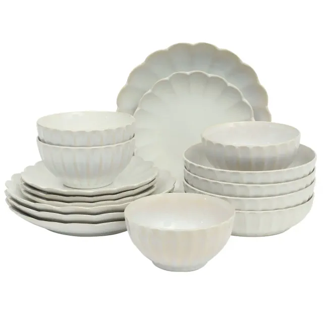 Gibson Elite Malibu Shore 16 Piece Scallop Stoneware Reactive Glaze Ceramic Plates and Bowls Dinnerware Set - Shiny White