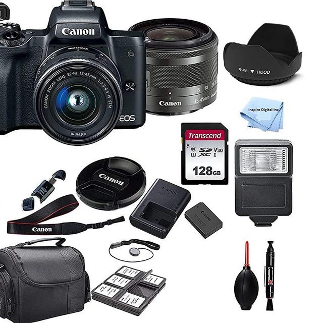 Inspire Digital - Canon Intl Canon EOS M50 Mirrorless Digital Camera (Black) with 15-45mm STM Lens + 128GB + Padded Case + Steady Grip Tripod + 50 Inch Tripod + Tulip Lens Hood