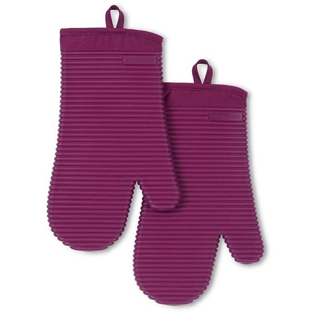 KitchenAid Ribbed Soft Silicone Oven Mitt 2-Pack Set, Beet, 7.5"x13"