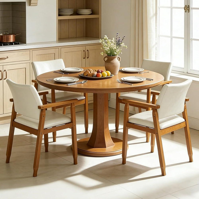 NOBPEINT Mid-Century Modern Dining Chairs with Armrest Set of 4, PU Leather Upholstered Dining Room Chairs with Solid Wood Frame, Walnut Kitchen Armchairs for Kitchen Living Room Restaurant, Beige