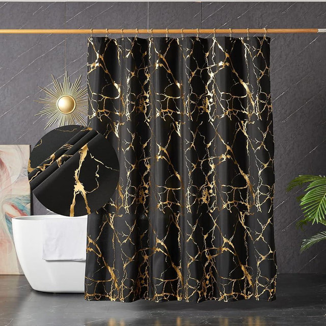 HYAWGE Black Shower Curtain - Luxury Foil Gold Printed Black and Gold Marble Shower Curtains for Bathroom, Glitter Bathroom Curtain with Hooks, Waterproof Washable Fabric, Standard 72x72 Inches