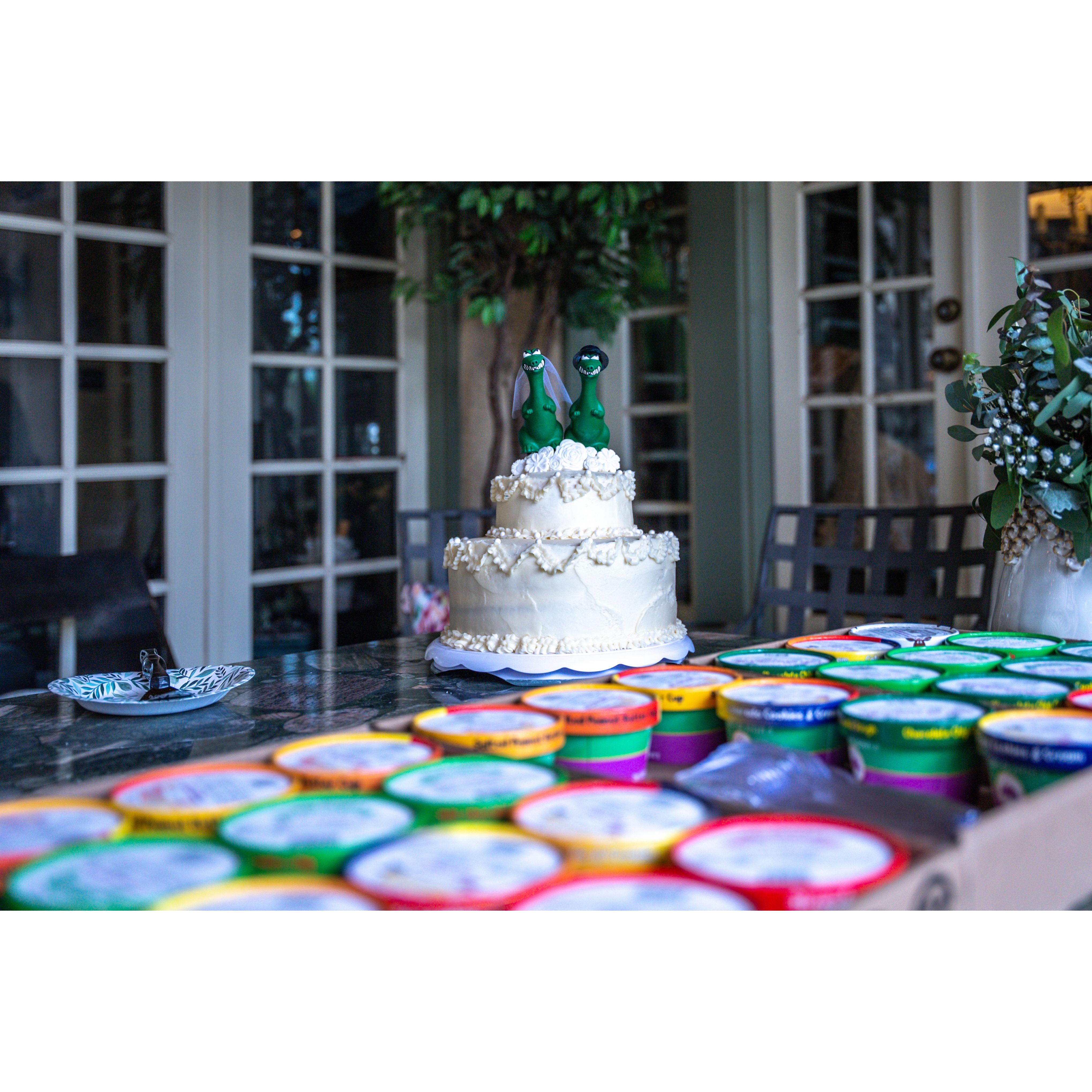 Josh's sister Sarah made our cake, complete with Dino cake toppers, a mascot that is featured on most of Josh's mountain bikes