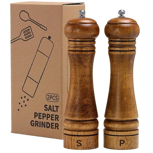 M JINGMEI Wooden Salt and Pepper Grinder Set, Premium Oak Wood Salt Grinders Shakers, Pepper Mill with S and P Engraving, Adjustable Ceramic Grinder – 8 inches, 2 Pack