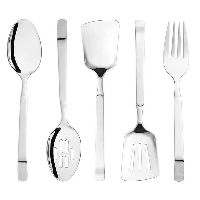 Serving Utensils Set Stainless Steel - 5-Piece Modern Silverware Serving Sets For Entertaining And Parties - Sturdy Kitchen Cooking Set With Serving Spoons Spatula And Slotted Turner