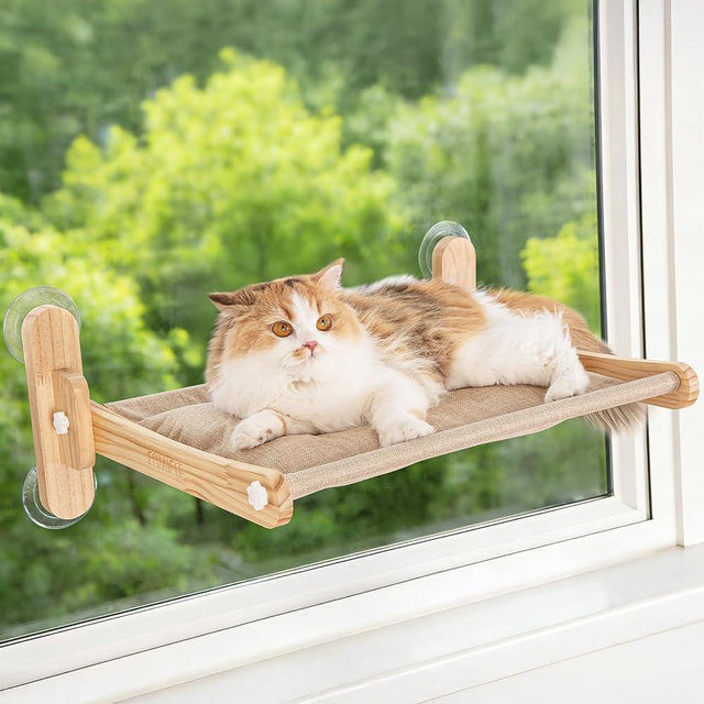 Famifit Large Foldable Cat Window Perch - Natural Pine Cat Sill Seat, 50LBS Heavy Duty Cordless Design, Space-Saving No-Scratch Window Hammock for Indoor Cats