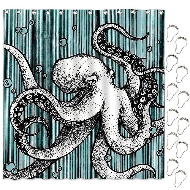 nononfish Nautical Shower Curtain Polyester Fabric Reusable Decorative Printed Octopus Bath Curtain with 12 Shower Curtain Rings 72x72 Inch