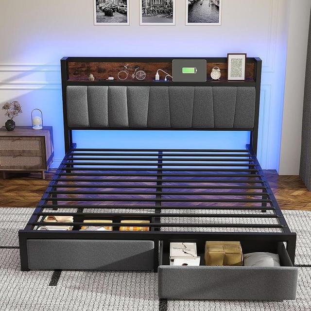 Fastroby LED Upholstered Queen Bed Frame with Storage Headboard, Drawers and Charging Station, Easy Assembly, No Box Spring Needed