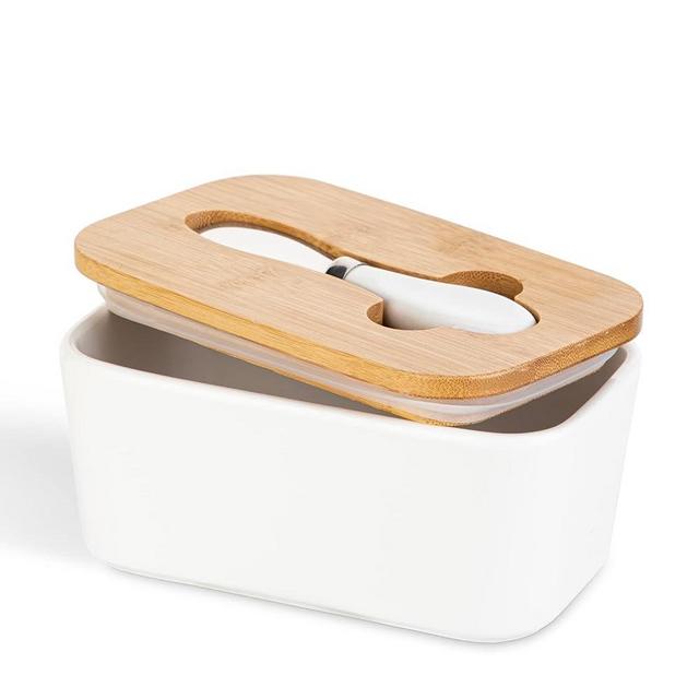Porcelain Butter Dish with Knife & Wooden Lid, Henten Home Airtight Butter Keeper for Countertop, Large Butter Holder for East West Coast Butter(Matte White)