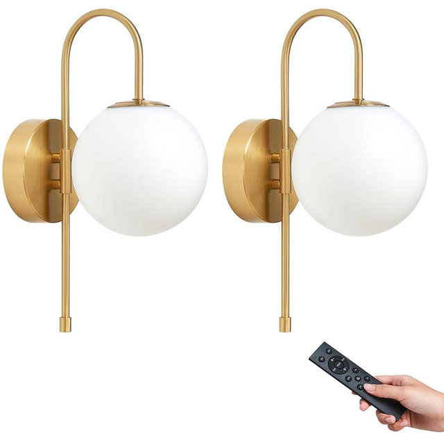 MSTETO Battery Operated Globe Wall Sconces Set of 2, Wireless Gold Wall Lights with Remote Control, Rechargeable 3 Color Stepless Dimming Gooseneck Wall Decor Lamp for Bedroom Living Room Hallway