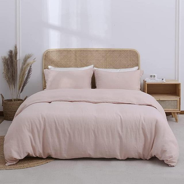 Simple&Opulence 100% Linen Duvet Cover Set 3pcs Basic Style Natural French Washed Flax Solid Color Soft Breathable Farmhouse Bedding with Button Closure - Blush Pink, Queen