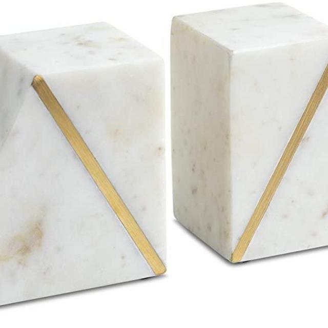 Cork & Mill Marble Bookends - Set of 2 Heavy Decorative Book Stoppers with Non-Skid Bottom - Handcrafted Solid Marble Bookshelf Decor (White + Brass)