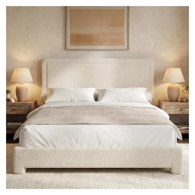 Dyonery Boucle Bed Frame Queen Size,Modern Cream Bed Frame with Adjustable Headboard, Soft Rounded Corners,No Box Spring Required,Easy Assembly