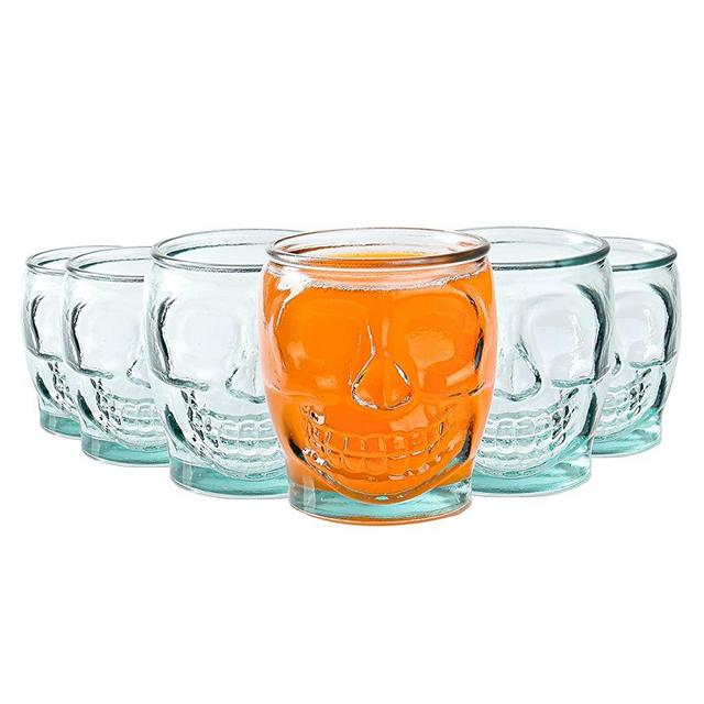 Sugar Skull Glass Tumblers - Set of 6 Creepy Drinking Cups -15 oz, Gothic Kitchen Decor, Witchy Barware Perfect for Halloween, Day Of The Dead or Year Round In Your Home Bar For Whiskey Old Fashioned