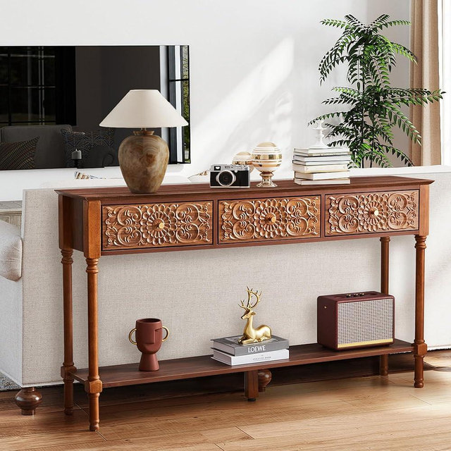 weselon 55.5" Carved Console Table with 3 Drawers, 2-Tier Sofa Table with Glossy Floral Surface and Solid Wood Legs, Mid-Century Modern Entryway Table for Living Room Hallway (Walnut)