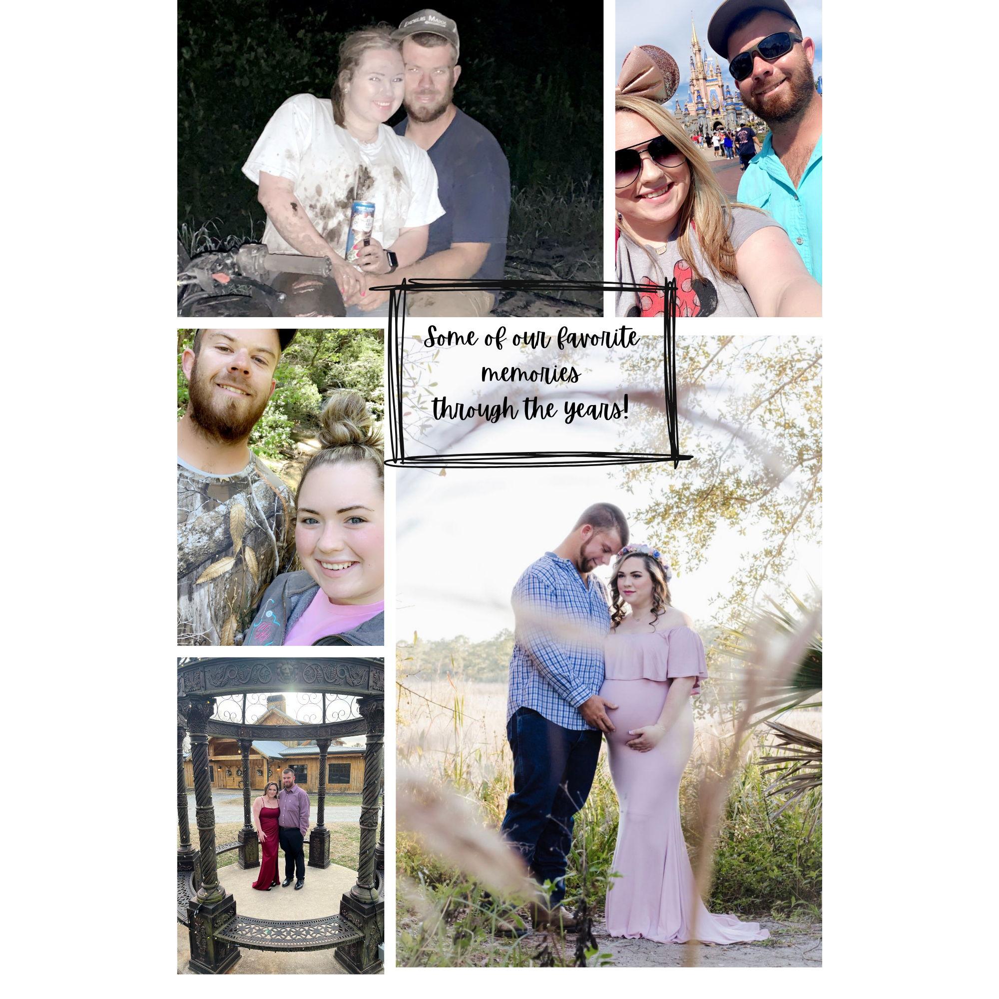 Upper Left - May 2019 Mudding Together, Upper Right - Disney October 2021, Middle - April 2019 Georgia Trip for Ryans Birthday, Lower Right - The Ball Wedding in GA, Lower Left - January 21 Maternity.