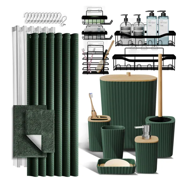 Bathroom Accessories Set with Shower Caddy and Bath Rugs - 27PC Bathroom Accessory Set with Shower Caddies & Green Bath Rugs, Shower Curtain Set