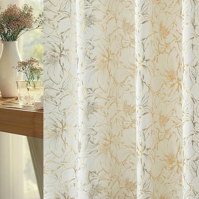 Lameirose Extra Long White and Gold Shower Curtain Floral, 72x84 Chic Flower Pattern Velvet Textured Fabric Shower Curtain, Modern Minimalist for Bathroom, Hotel