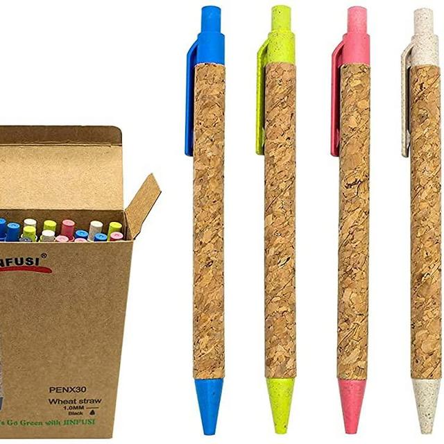 Wheat Straw Pens(30 Pack),Eco Friendly Cork and Recycled Ballpoint Writing Black Ink Sustainable Products Set Pens or Journaling