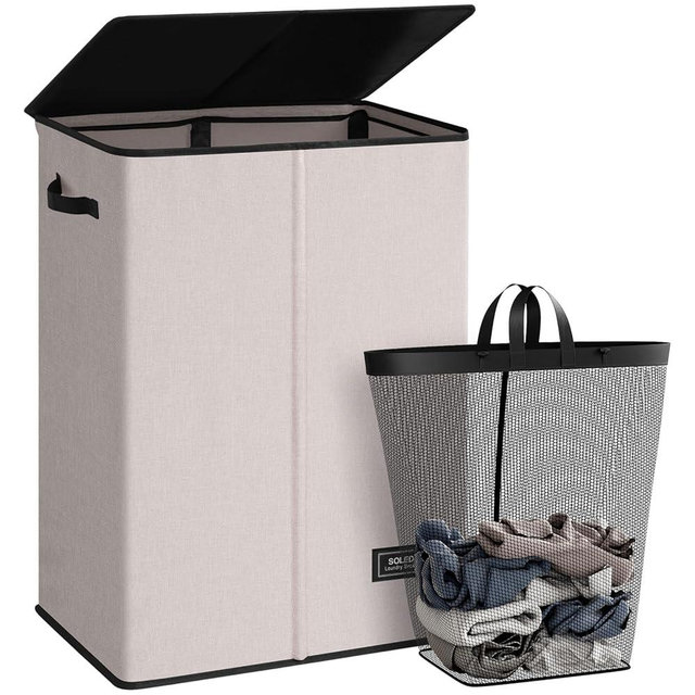 SOLEDI Laundry Hamper with Lid 130L Large & Tall Collapsible Laundry Basket, Clothes Hamper with Bag Removable Easy to Carry, Dirty Hampers for Bedroom, Bathroom, Dorm, College, Light taupe
