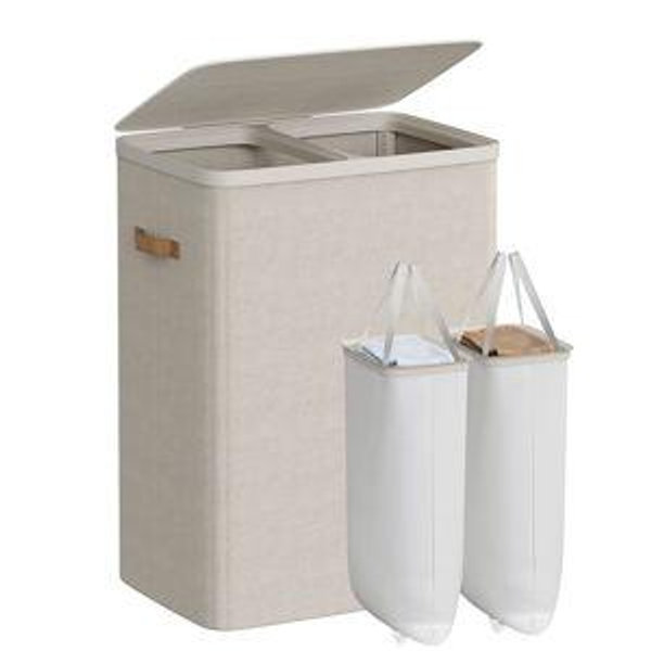 SONGMICS Laundry Basket, 44.9 Gal. Laundry Hamper, 2 Compartments, Easy Assembly, with Lid and Handles, Removable Liners, 22 x 15.7 x 29.5 Inches, Cappuccino Beige ULCB813L01