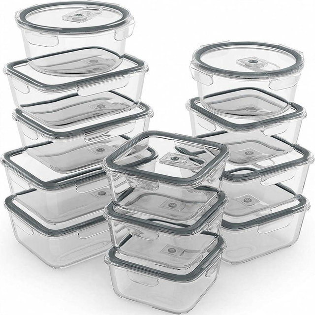 Razab 24 Pc Airtight Glass Food Storage Containers - Glass Meal Prep Containers - Freezer to Oven Safe - Steam Release Valve BPA Free - Airtight Bento Boxes - Leak Proof (12 lids & 12 Containers)