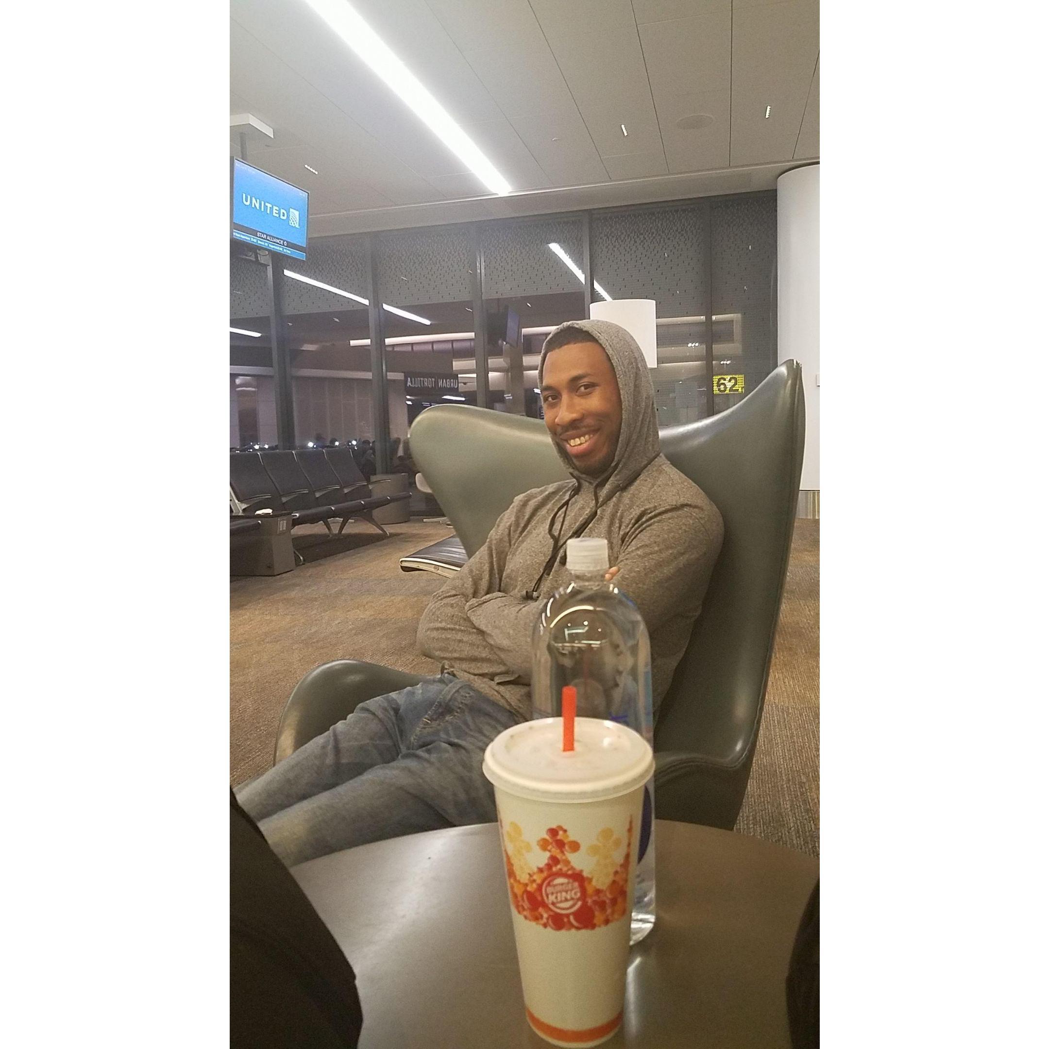 At SFO, waiting for our delayed flight to Florida!