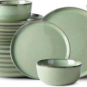 GBHOME Ceramic Dinnerware Sets for 8, 24 Pieces Stoneware Plates and Bowls Sets, Scratch Resistant Dishes, Dishwasher & Microwave Safe-Pastel Green